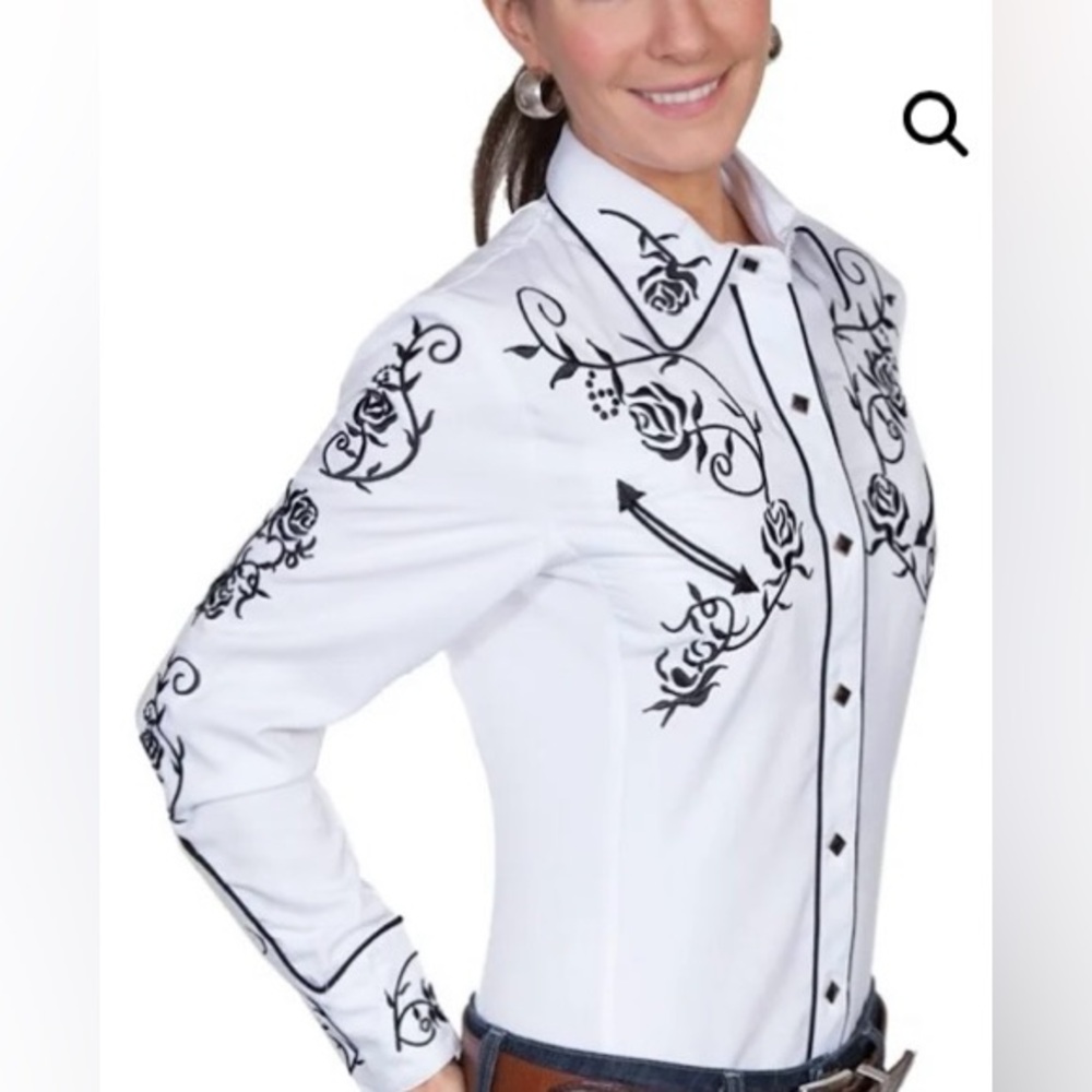 Scully SZ M Womens Western White and Black Embroidered with Roses Shirt - Picture 2 of 15